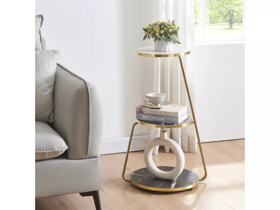 Table d'appoint Sipoo à 3 niveaux 74 x 46 x 37 cm marbre noir / marbre blanc / doré [en.casa]