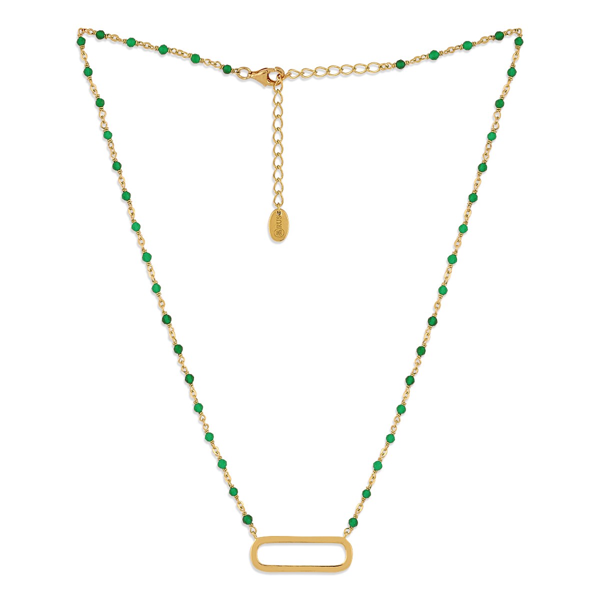 Collier Argent Doré Lingot Et Pierres Naturelles Onyx Vert