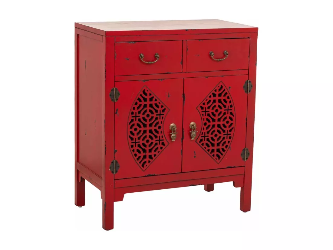 Table d'entrée en bois avec 2 tiroirs et 2 portes en rouge 66x36x78h cm