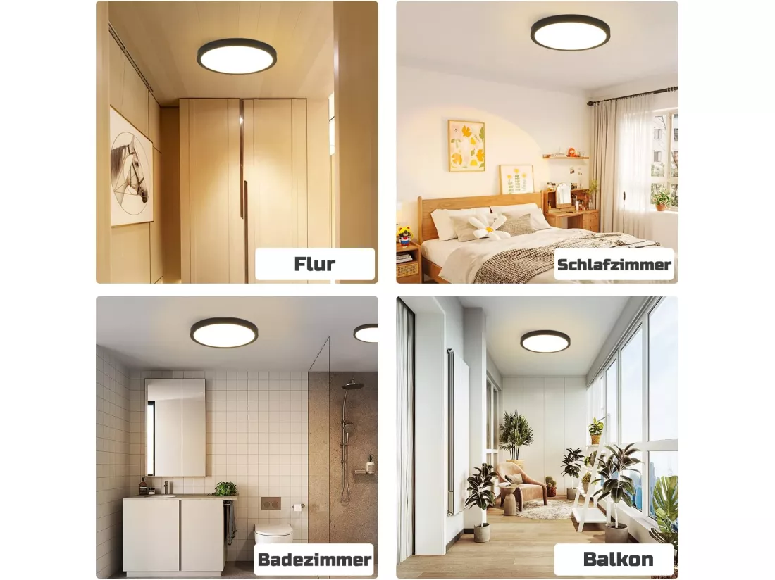 NETTLIFE Plafonnier LED plafonnier plat chambre lampe Ø22cm lampe salle de bain noir 15W IP44