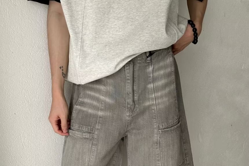 Double White - Mid Rise Washed Panel Denim Shorts