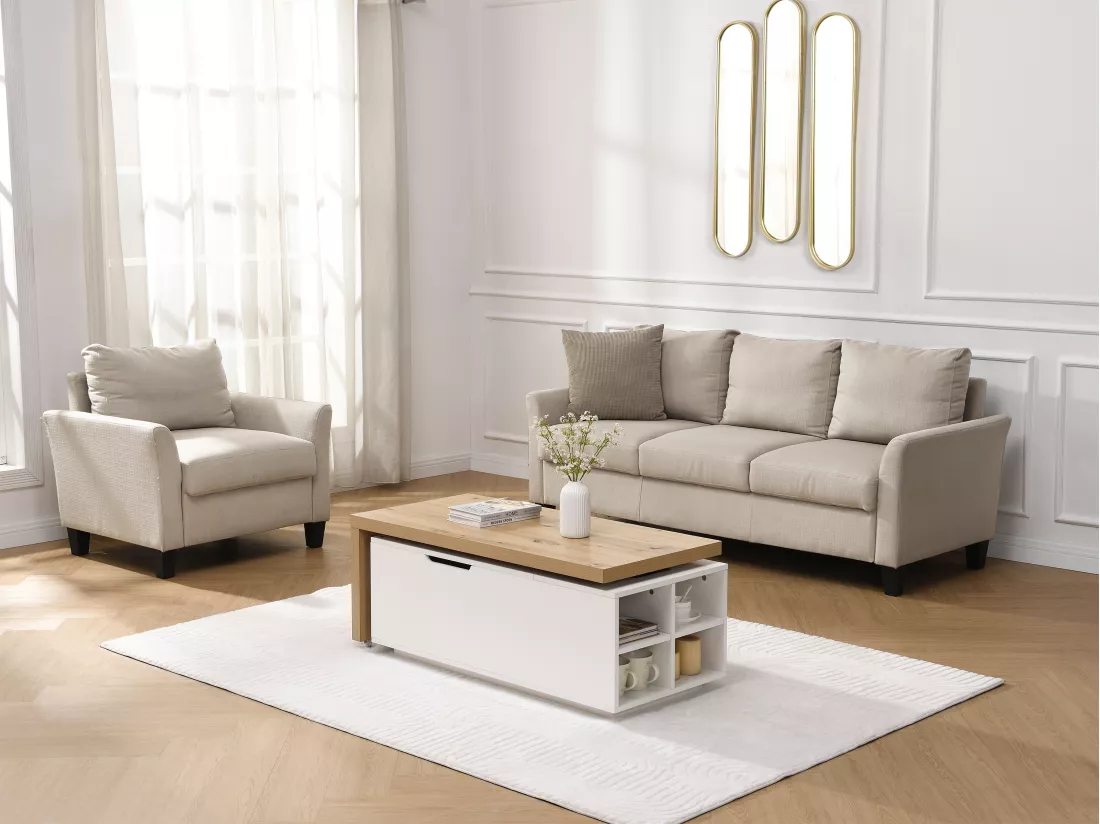 Table basse relevable et pivotante en MDF - Naturel et blanc - PELINIA