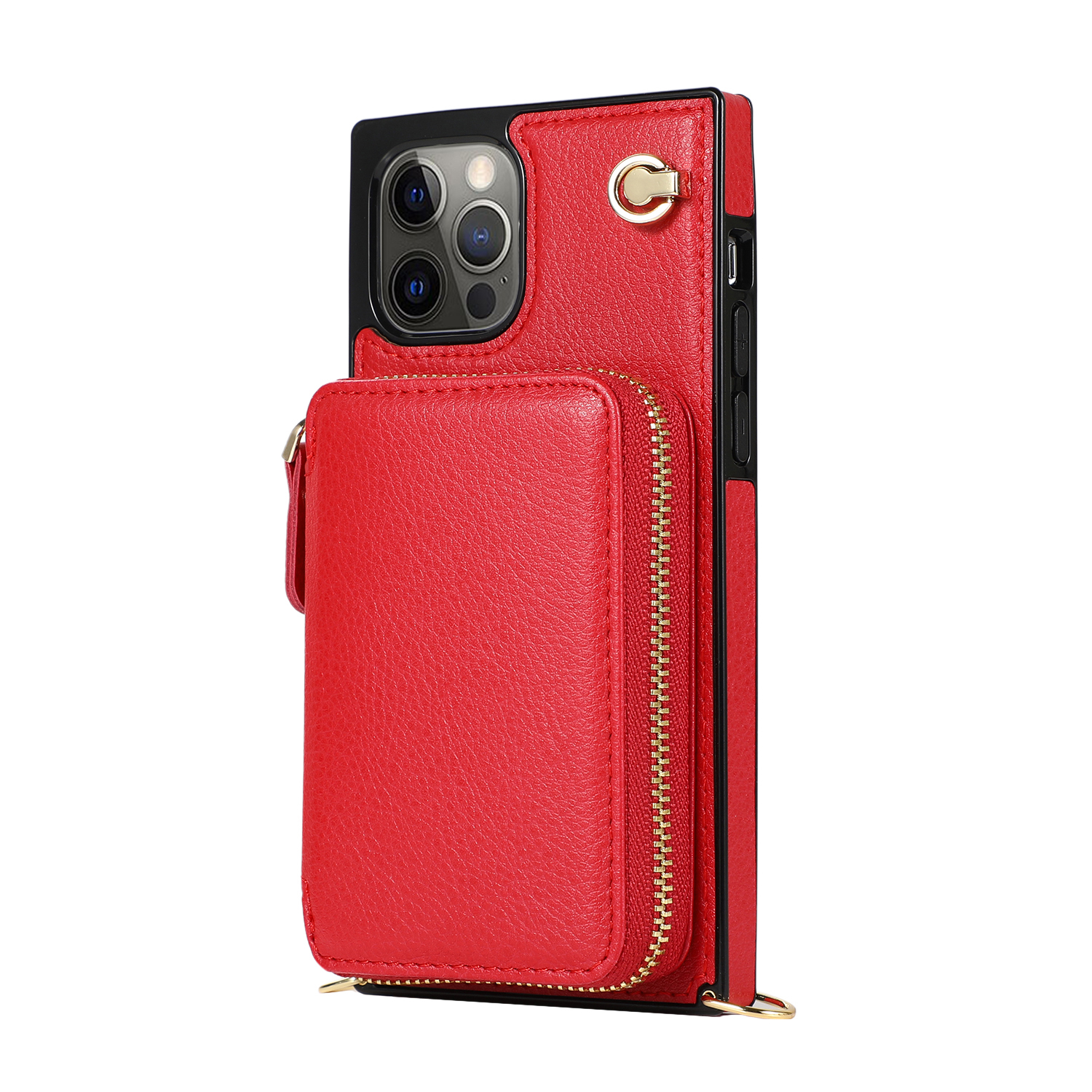 iPhone 13 Pro Necklace Leder Schutz Hülle mit Kartenfächer   Handykette (140cm) - Rot