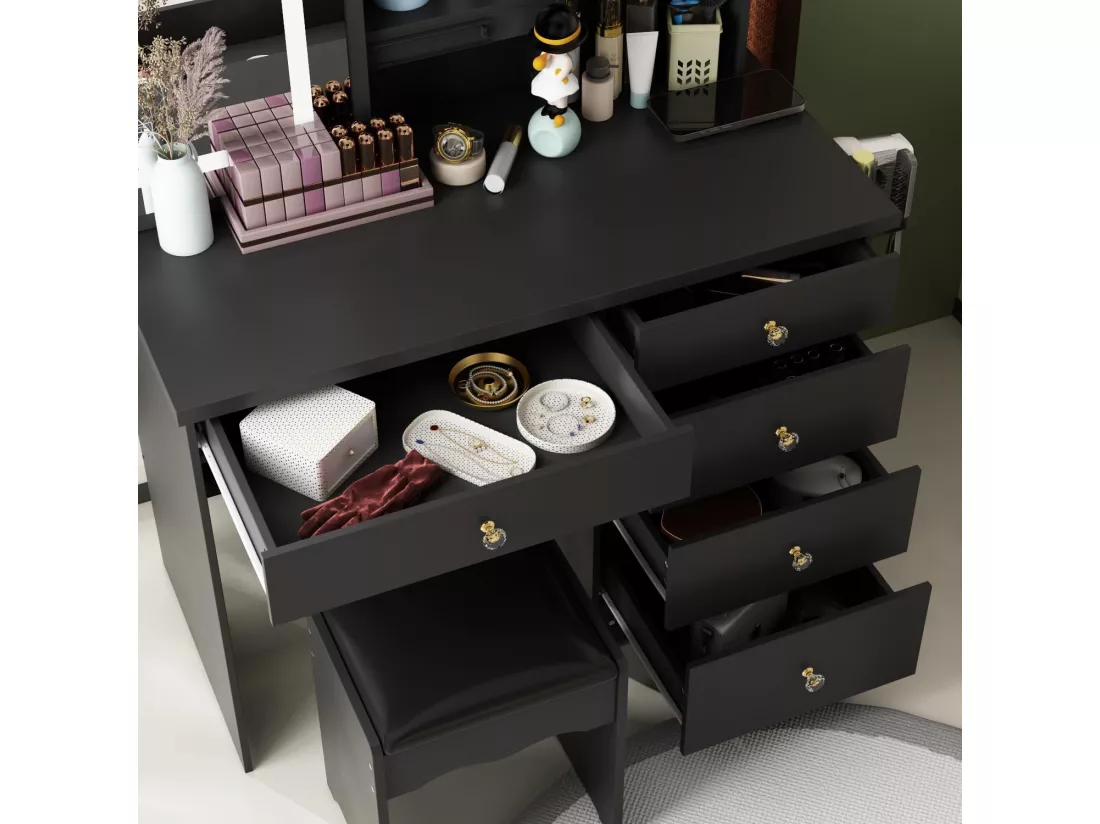 Coiffeuse avec éclairage miroir tabouret et étagères supports et 5 tiroirs 100x136x50cm Noir
