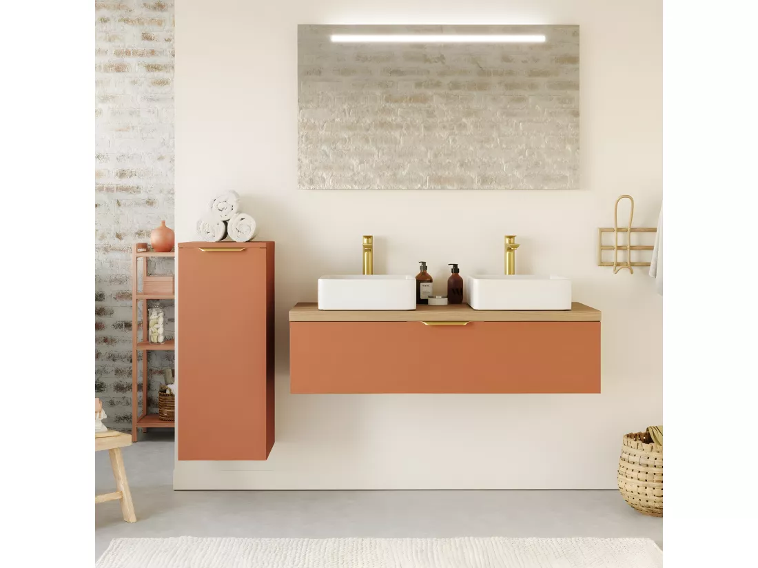 Meuble de salle de bain suspendu 2 vasques à poser 120cm 1 tiroir Terracotta - Venice