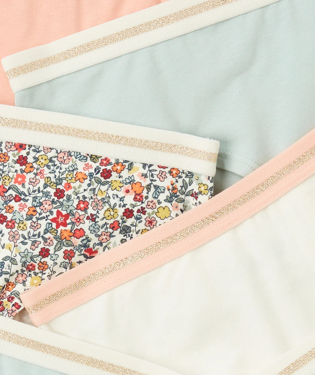 lot de 7 shorties fille en coton bio bleu rose et imprimés thème fleurs