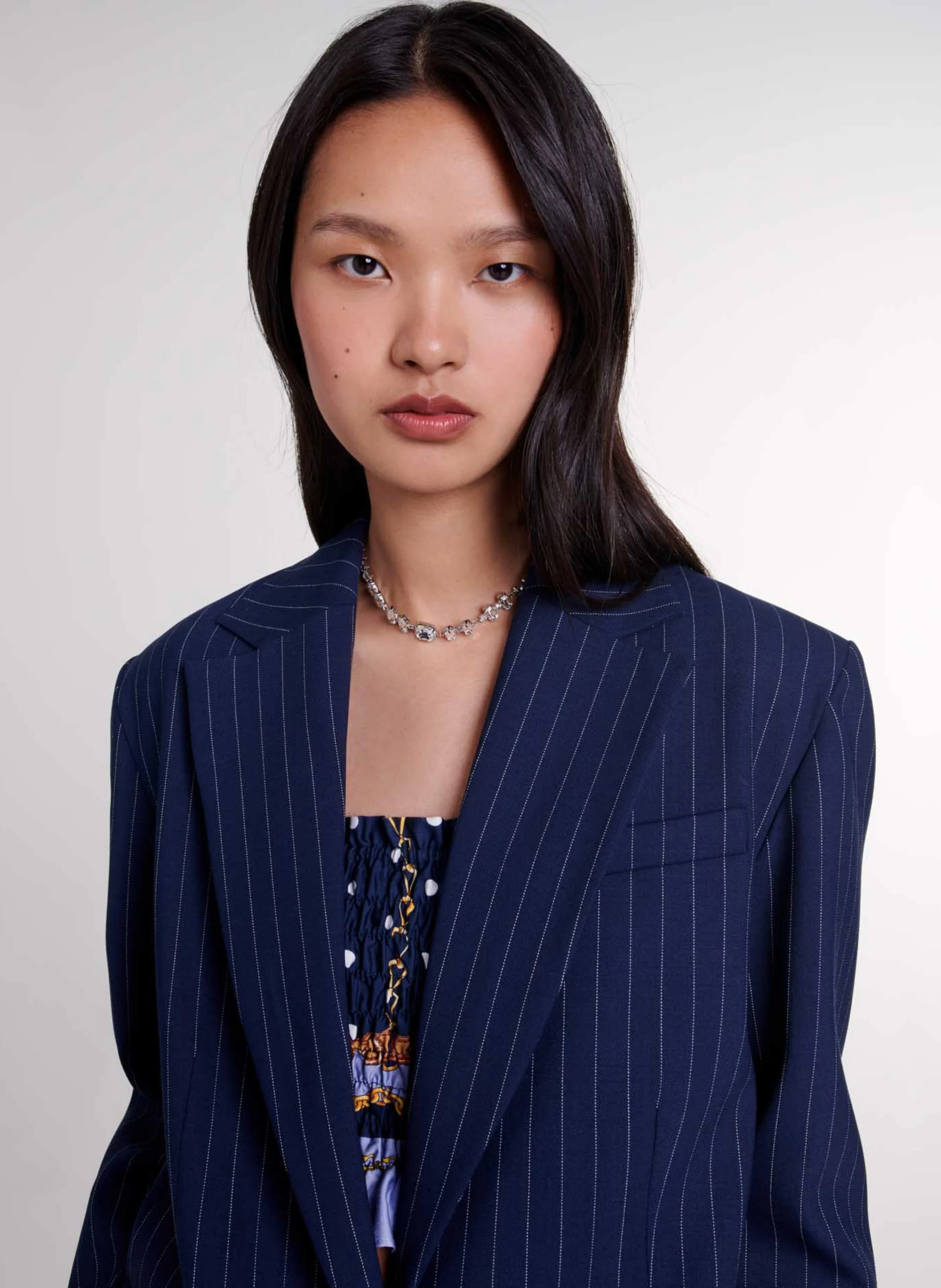 Veste de tailleur droite en laine mélangée | Rayé