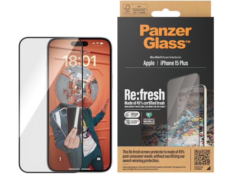 Panzerglass Displayschutz Refresh  iPhone 15 Plus Displayschutzfolie mit Applicator und 45% recyceltem Glas für das Apple iPhone 15 Plus