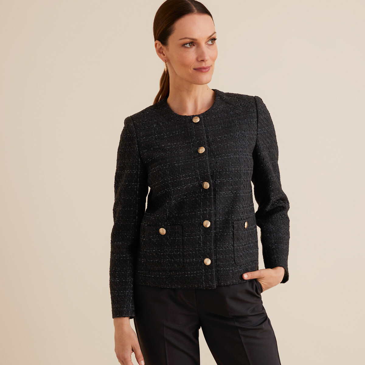 ANNE WEYBURN<br>Jaqueta curta de tweed, corte reto