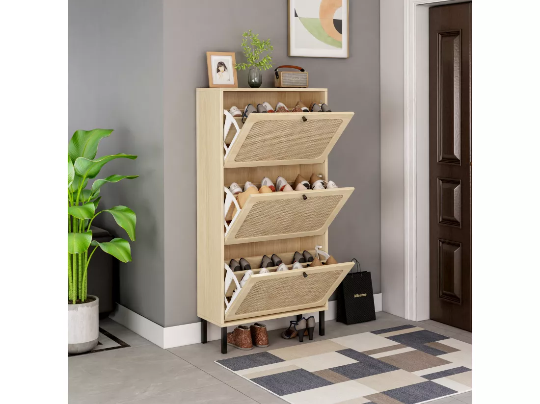 Armoire à Chaussures à 3 Portes avec Décor en Rotin Naturel et Pieds Métalliques Indépendants (Modèle Détachable)