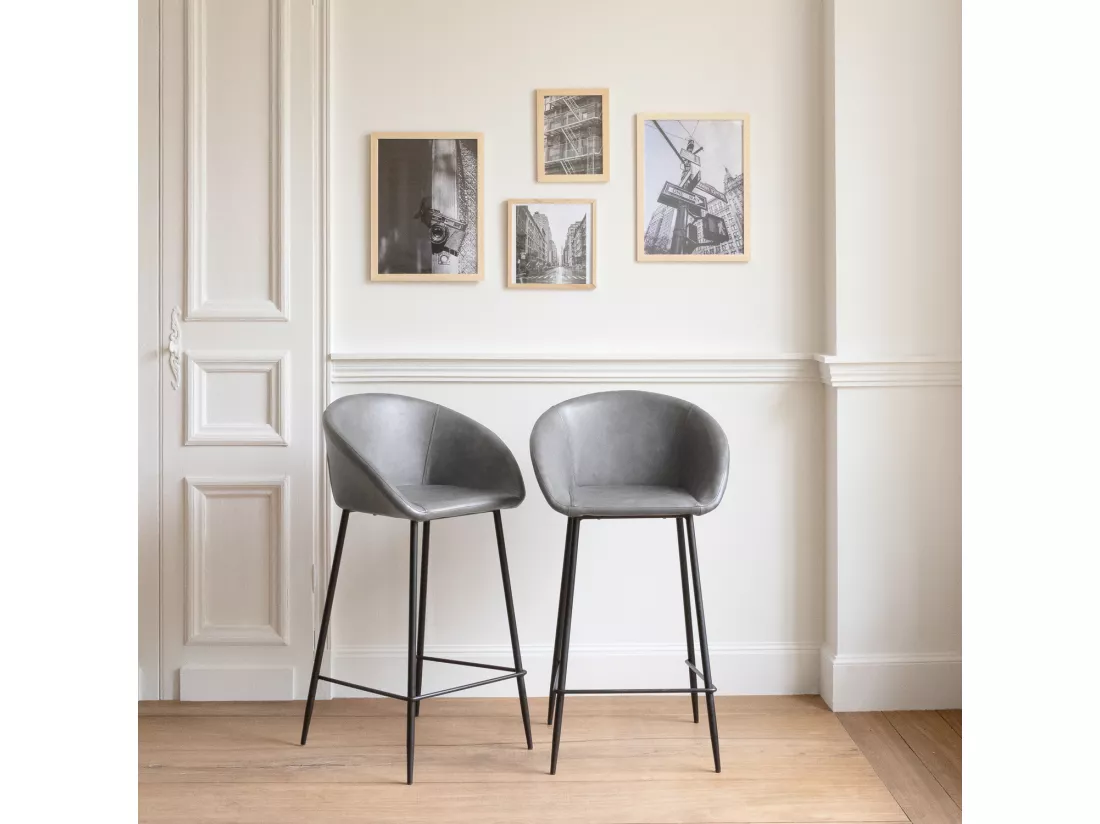 Lot de 2 tabourets de bar en simili gris foncé ACHILLE - HAPPY GARDEN