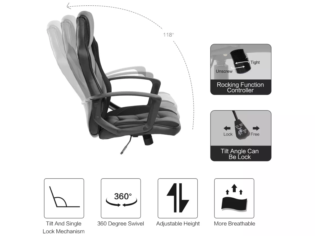 Fauteuil de jeu Fauteuil de bureau exécutif en cuir synthétique noir