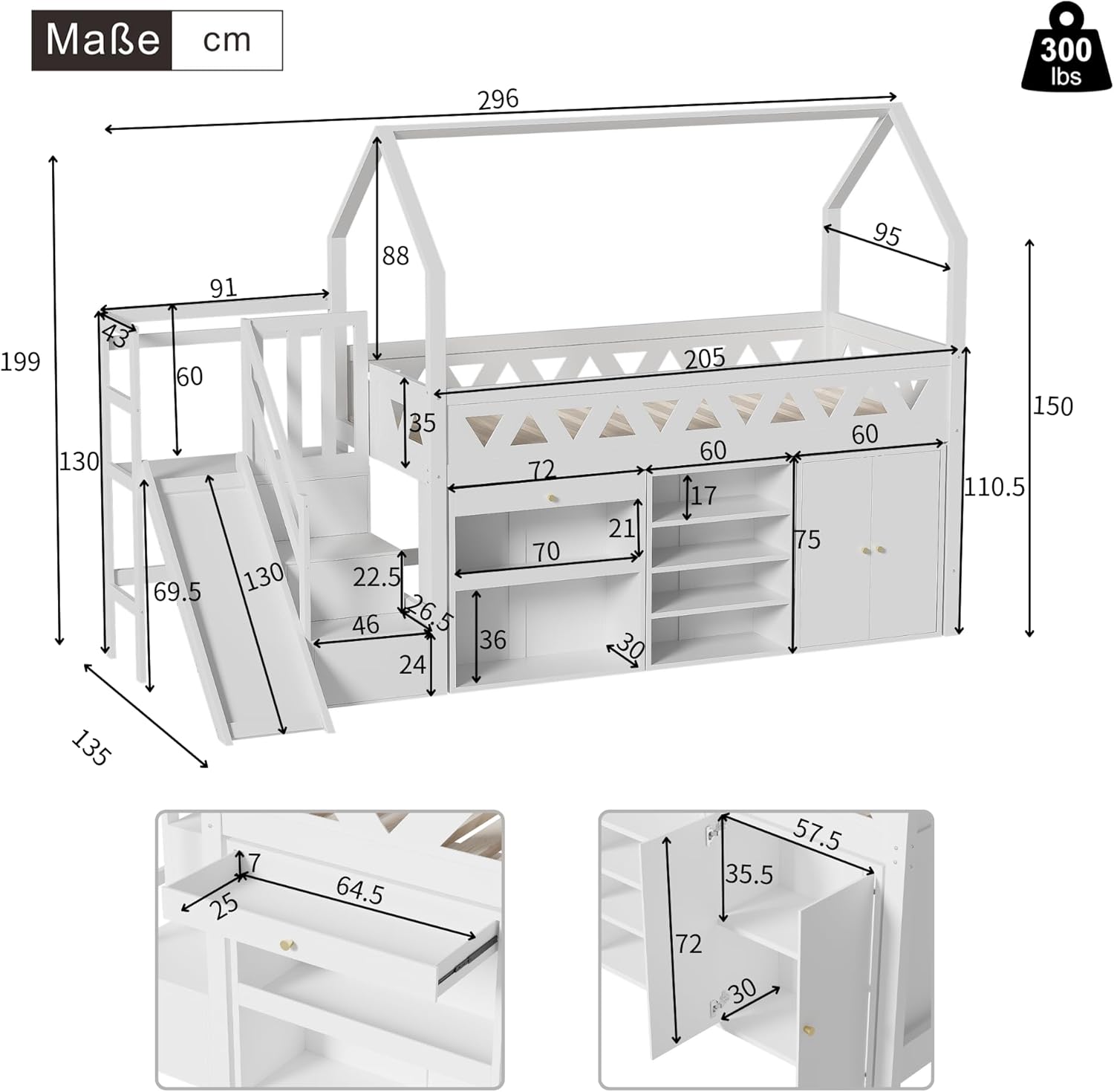Merax Kinderbett Hochbett 90x200 cm, mit Treppe Staufach Stauraum,Rutsche,Schreibtisch,Schließfach,Platzsparendes Kinder Einzelbett mit Lattenrost und Rausfallschutz,Ohne Matratze,weiß,90 * 200cm