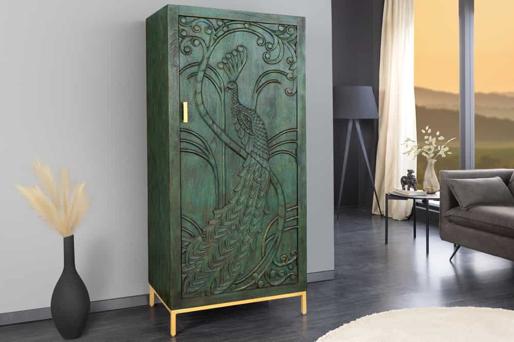 Massives Highboard PEACOCK 170cm grün Mangoholz antik 3D Schnitzerei Pfau-Design