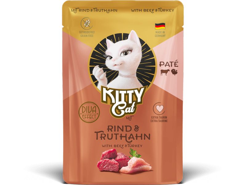 KITTY Cat Nassfutter Paté Pouch Rind, Truthahn 85 g Alleinfuttermittel für ausgewachsene Katzen