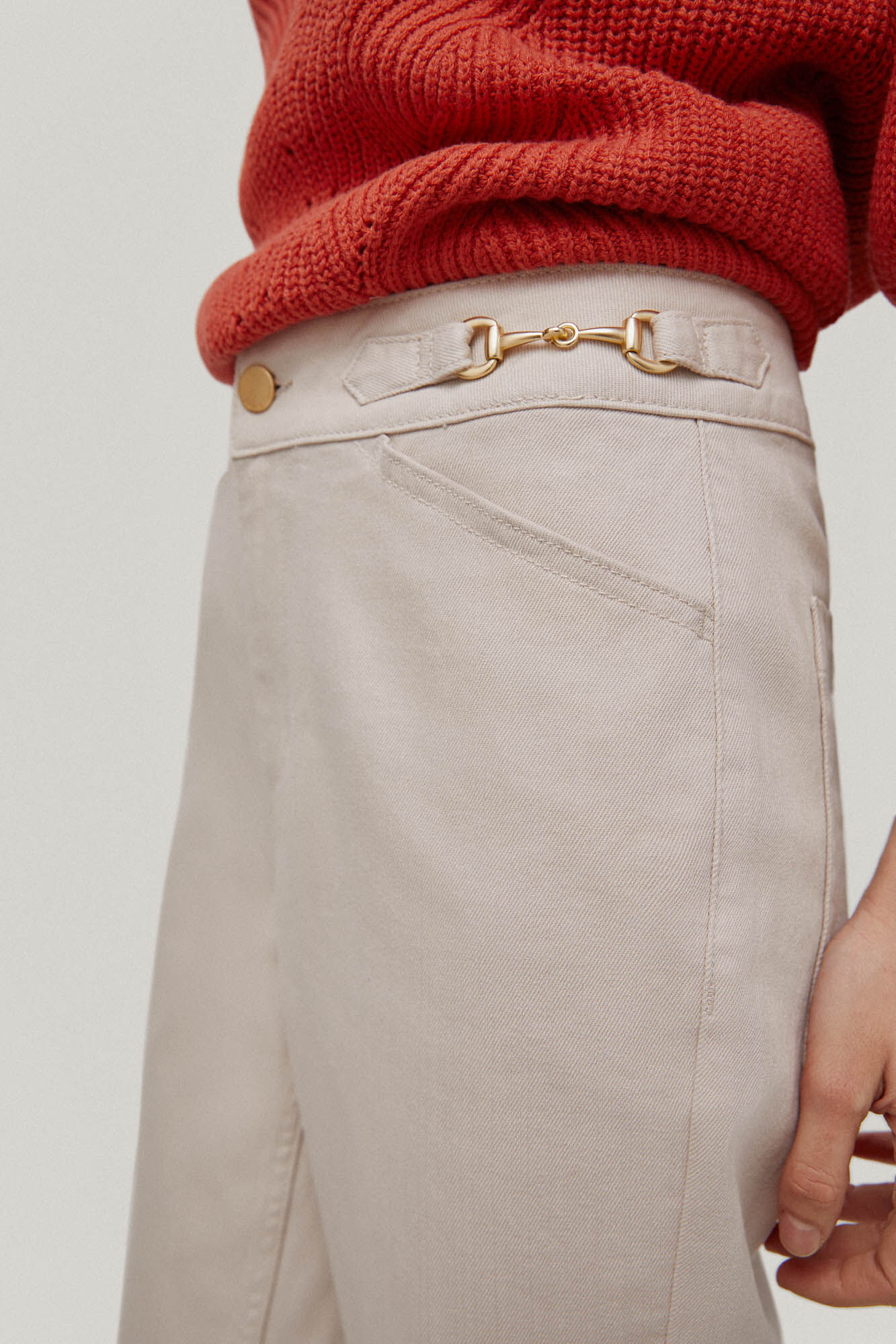 Calça jeans cropped de perna larga - Bege