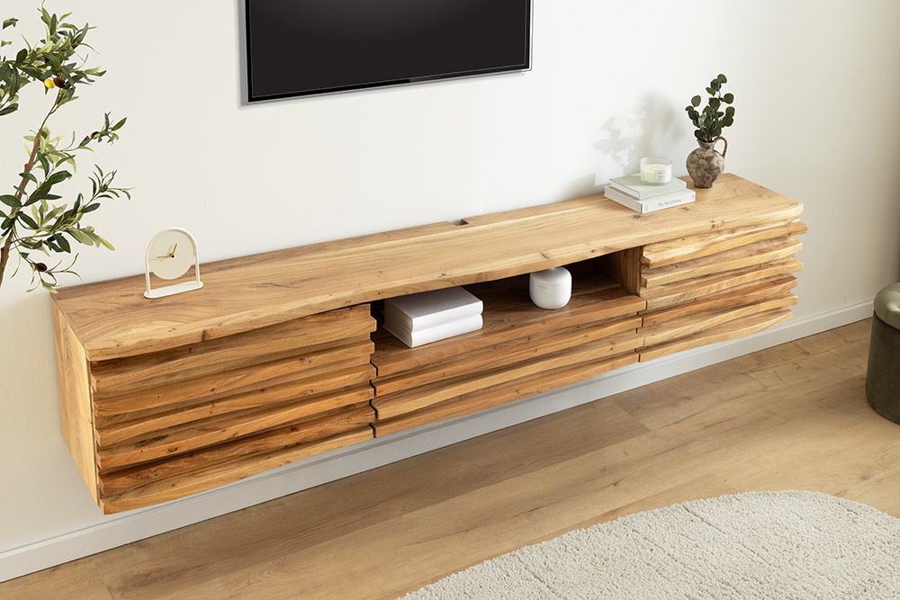 Hängendes TV-Lowboard RELIEF 200cm natur Akazienholz massiv mit aufwändiger Front