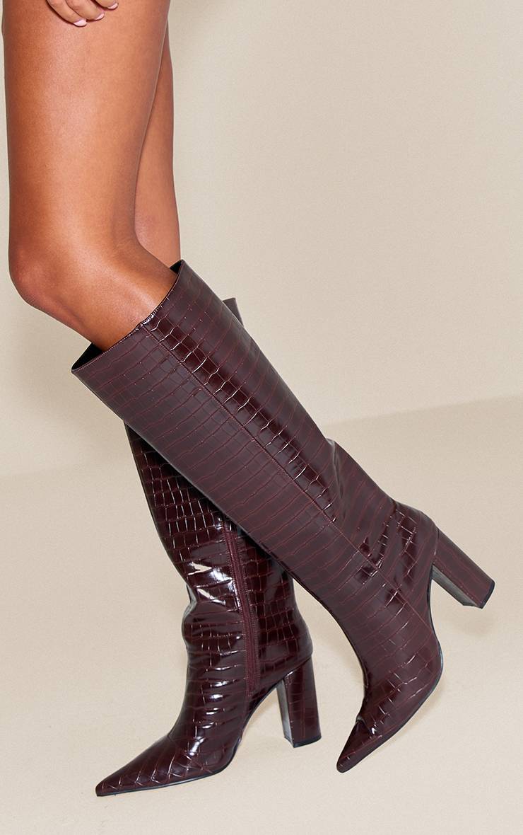 Chocolat Botte Haute À Bout Pointu Talon Bloc Effet Croco