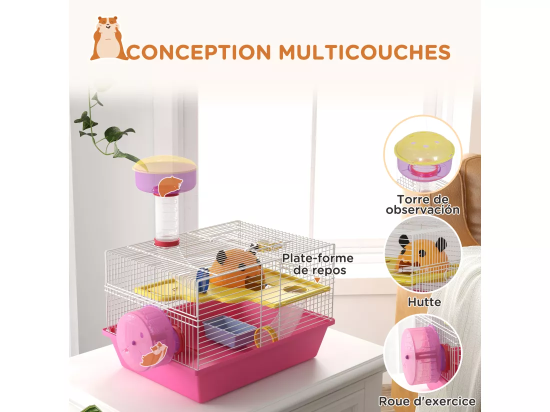 Cage à hamster rat rongeur - plateforme, biberon eau, roue, maisonnette, tubes - acier blanc PP rose