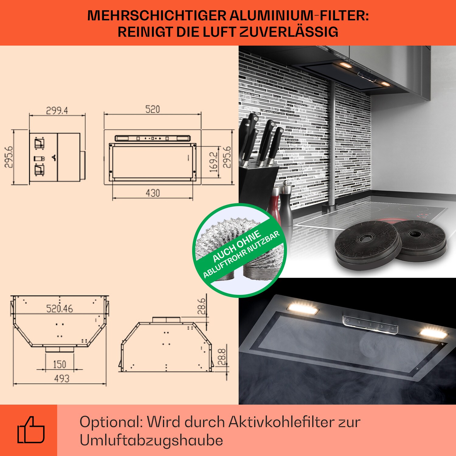 Camila Dunstabzugshaube Einbau 52 cm 397 m³/h LED Touch Edelstahl Schwarz