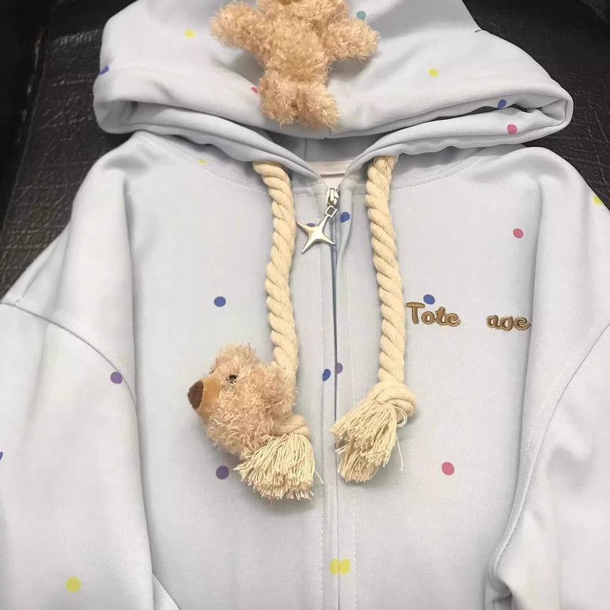 Bolgivy - Trekkoord Beer Stippen Oversized Zip Up Hoodie