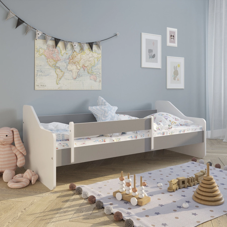 Kids Collective Kinderbett 80x160 | 80x180 cm mit Rausfallschutz & Lattenrost grau mit Matratze