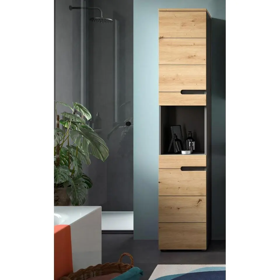 Hioshop Canu kolomkast 2 deuren- 1 plank eiken decor- grijs