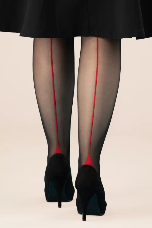 Scarlet Klassieke Seamer-panty in zwart met rode naad