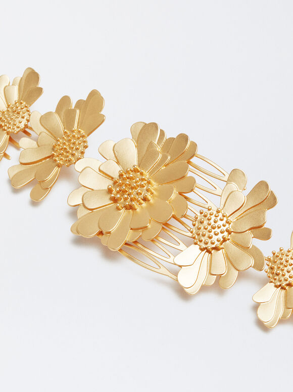 Pente de cabelo dourado com flores - Dourado