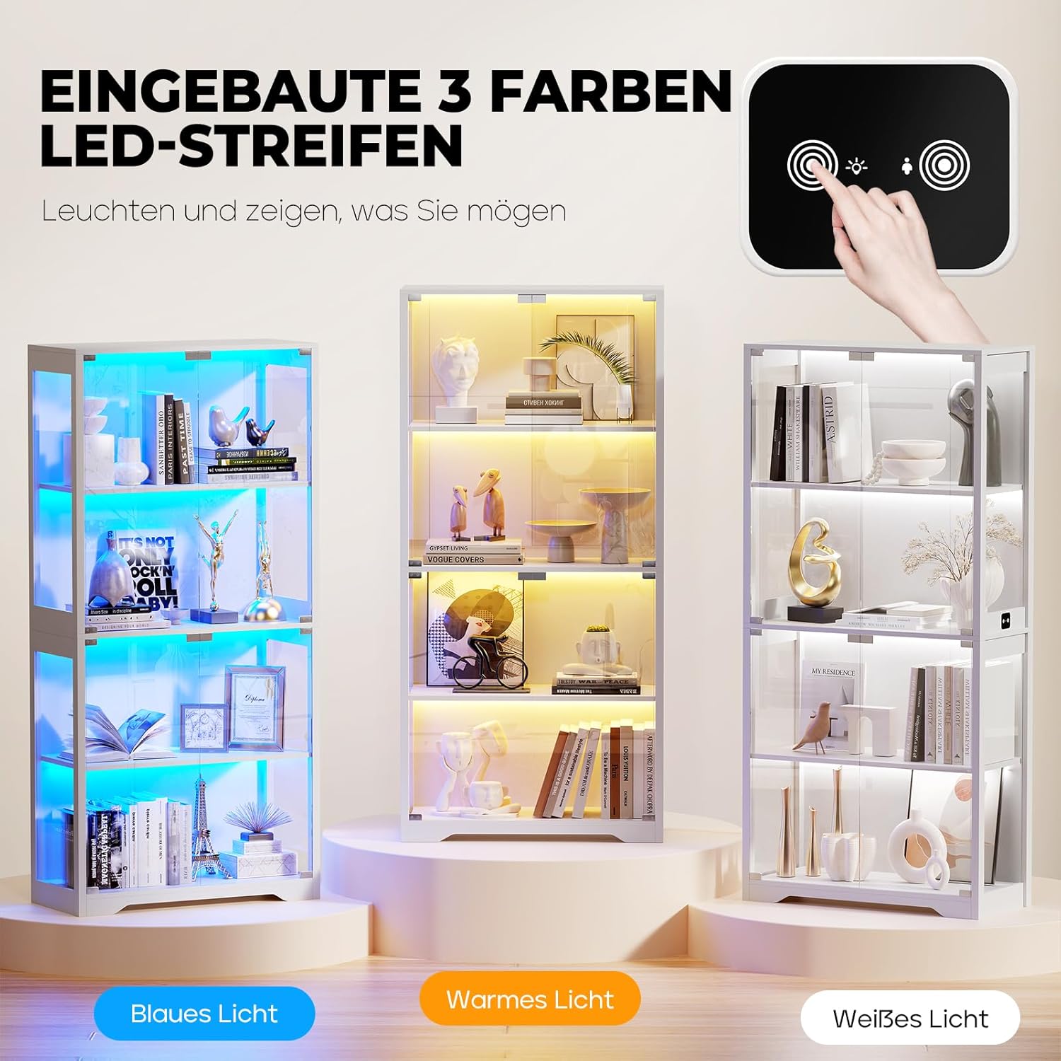 Vitrine mit LED Beleuchtung und Glastüren, Sammlervitrine, Vitrinenschrank mit Intelligente Sensorik, 4-Lagen Vitrine Weiß Glasvitrine Staubdicht für Wohnzimmer Schlafzimmer Büro, Weiß
