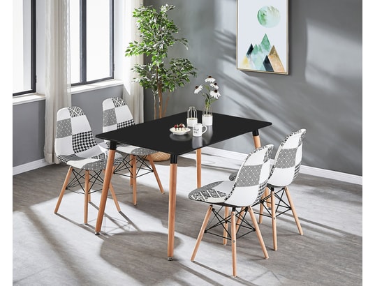 LIFE INTERIORS - Ensemble table et chaises Ensemble table à manger noire + 4 chaises en tissu patchwork...