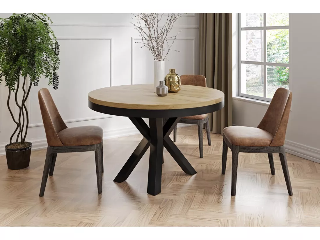 Table à Manger Ronde Extensible Style Loft - Table Industrielle Avec Pieds En Métal Noir - Gain De Place Pour Salon Et Séjour - Chêne Craft - 120 Cm