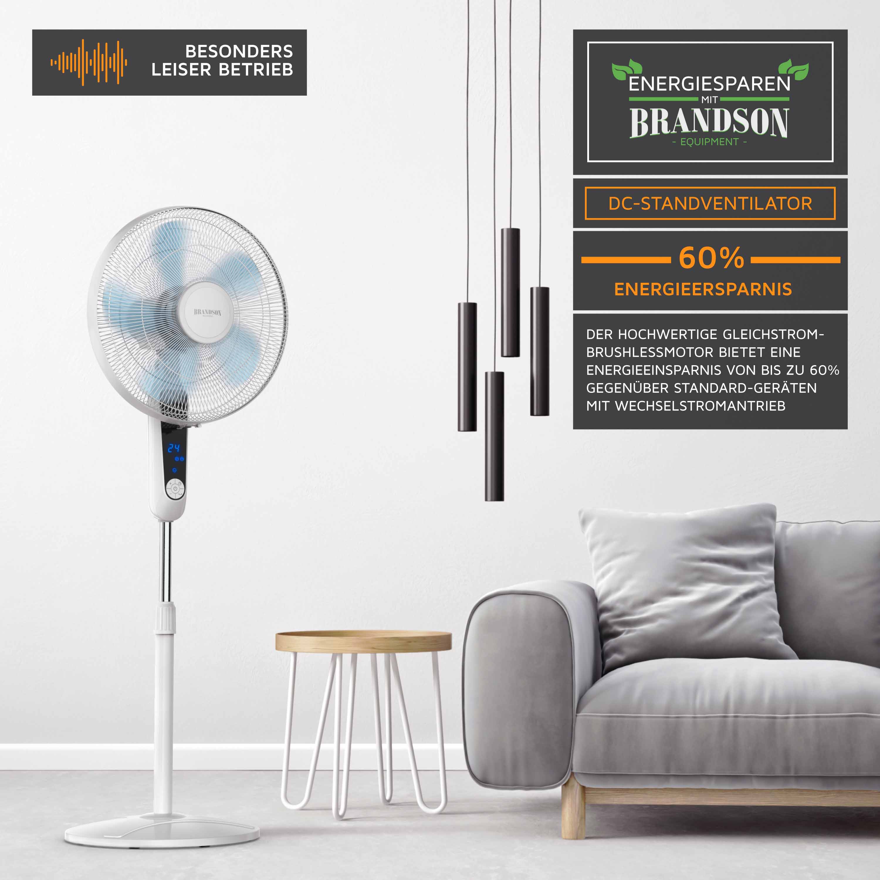 Brandson Standventilator DC Motor mit Fernbedienung + LED Display, Oszillation, Ventilator leise, Höhe verstellbar, energiesparend, Weiß