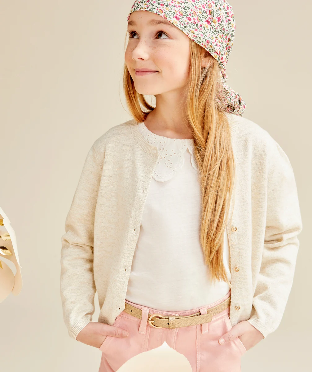 CARDIGAN MANCHES LONGUES FILLE ÉCRU AVEC DÉTAILS PAILLETÉS