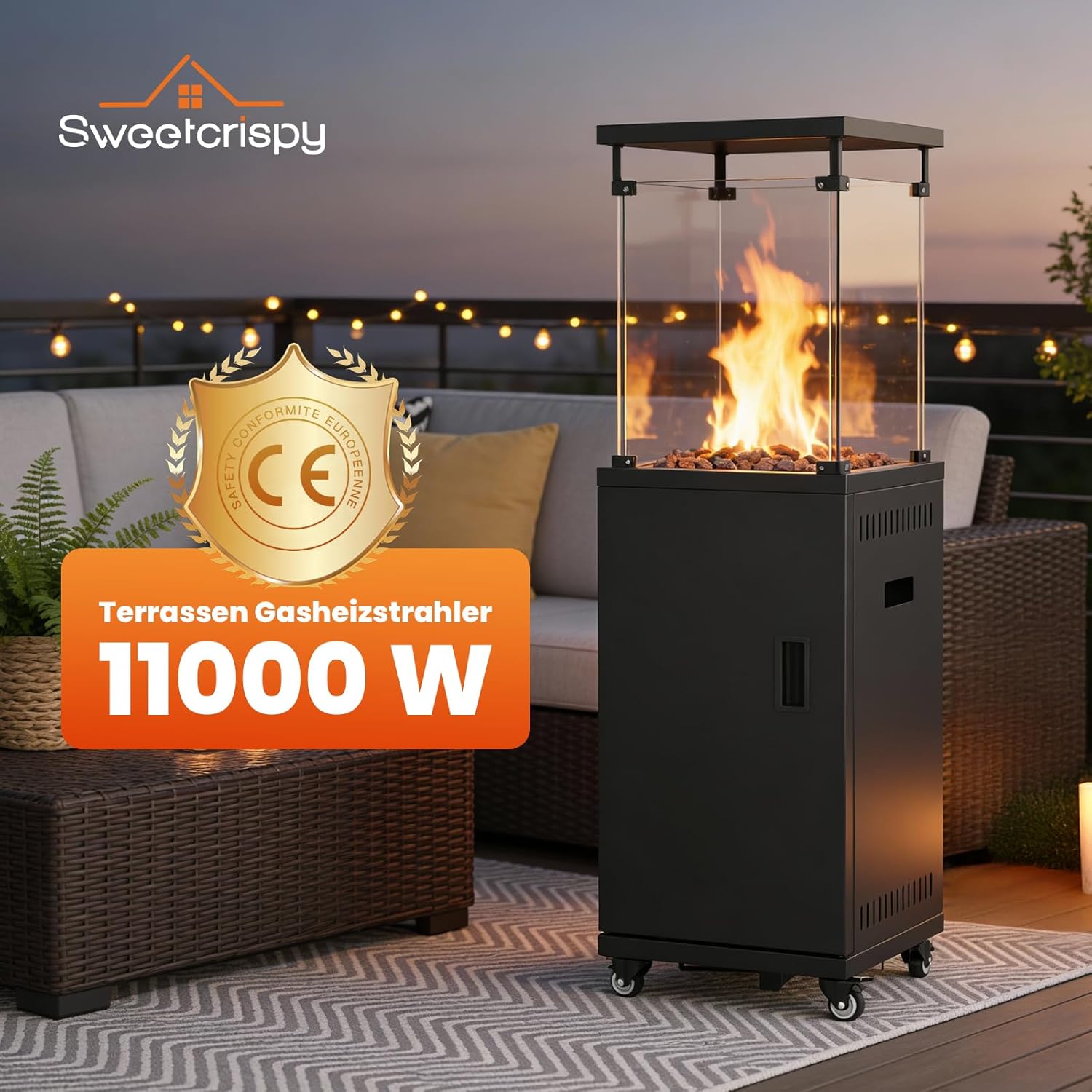 Sweetcrispy Heizstrahler Terrasse Gas 11 kW, Terrassenheizer, Propan Butan Gasheizstrahler, Mobiler Tragbarer Heizpilz, 360° Rollen Kippschutz, Gasheizung Gasheizer für Outdoor Garten, Schwarz