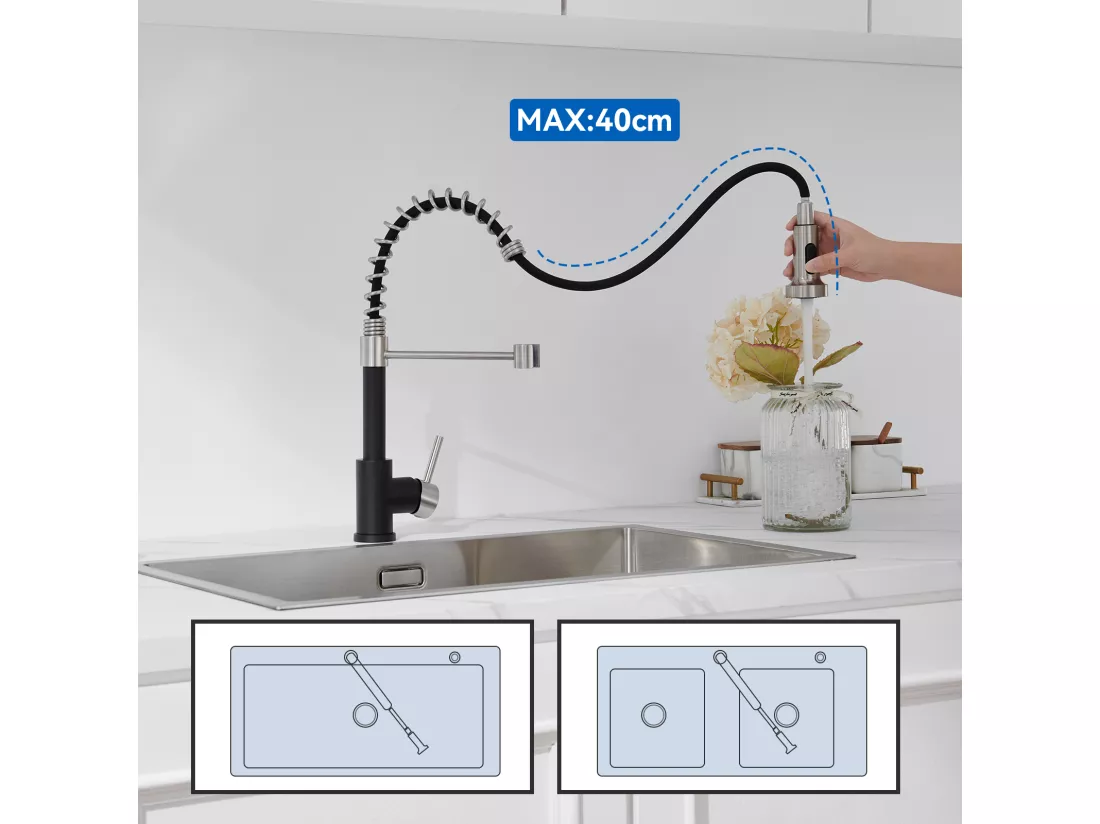 Mitigeur de Cuisine Noir à Ressort avec Douchette Extensible, Robinet Évier Rotatif à 360° avec 2 Modes,Froid & Chaud Disponible
