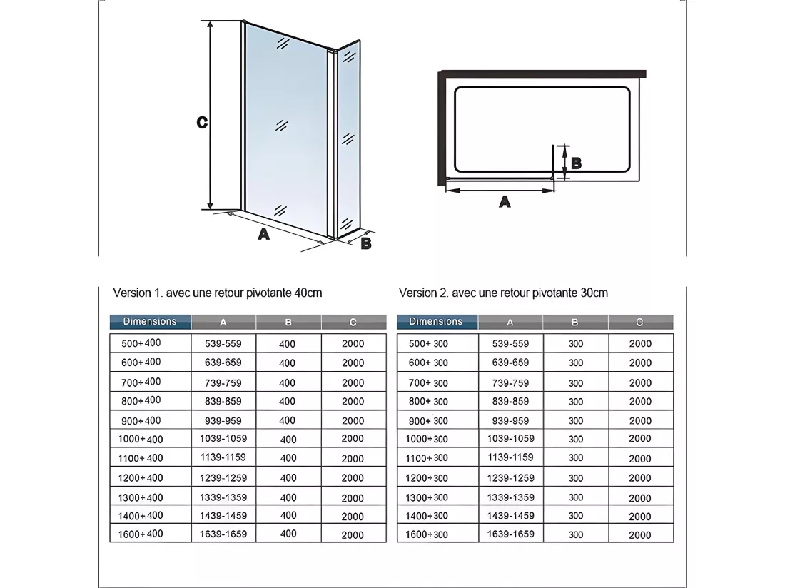 Paroi de douche à l'italienne 40+30x200cm avec retour pivotant - Verre 8mm trempé - Avec barre de fixation 140cm recoupable