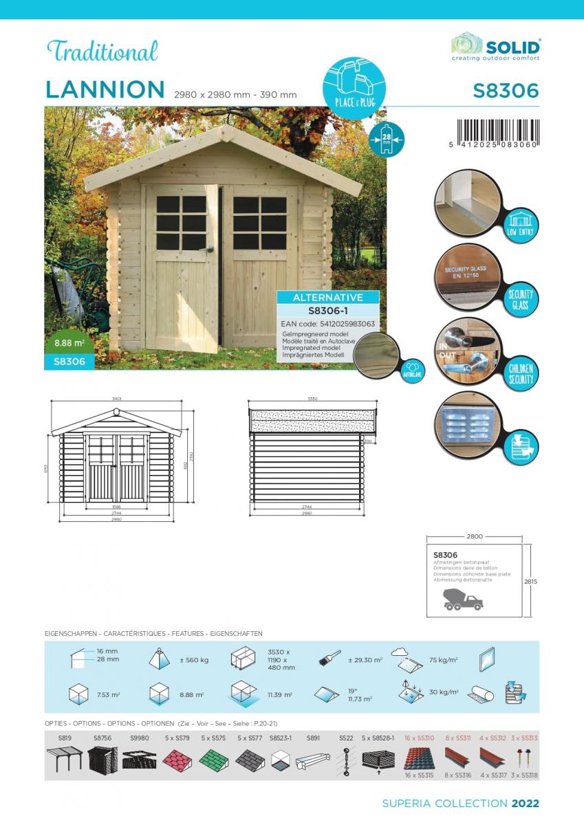 Abri de jardin en bois lannion autoclave vert 28 mm 2,98 x 2,98 m