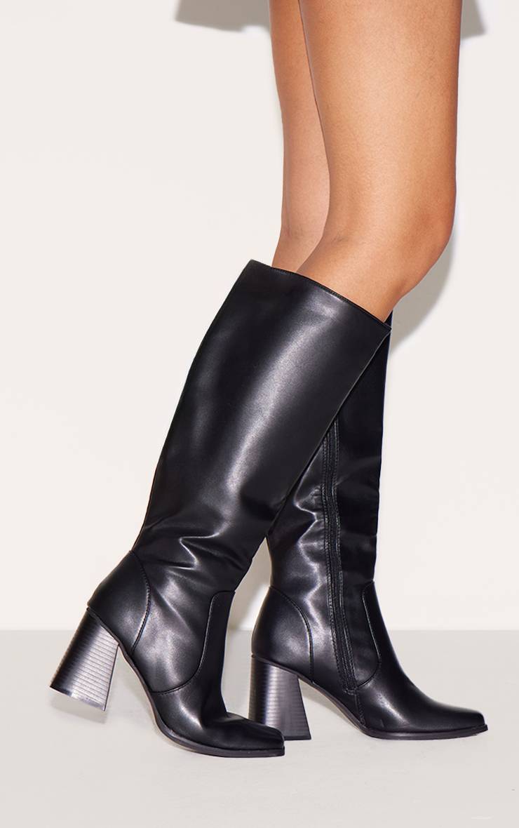 Noir Bottes Hautes Au Genou À Talon Bloc Évasé Et Bout Carré En Synthétiquecuir