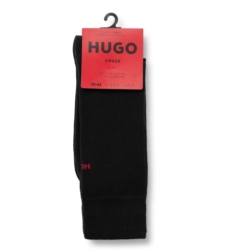 Pacote com 3 pares de meias compridas padrão HUGO, pretas.