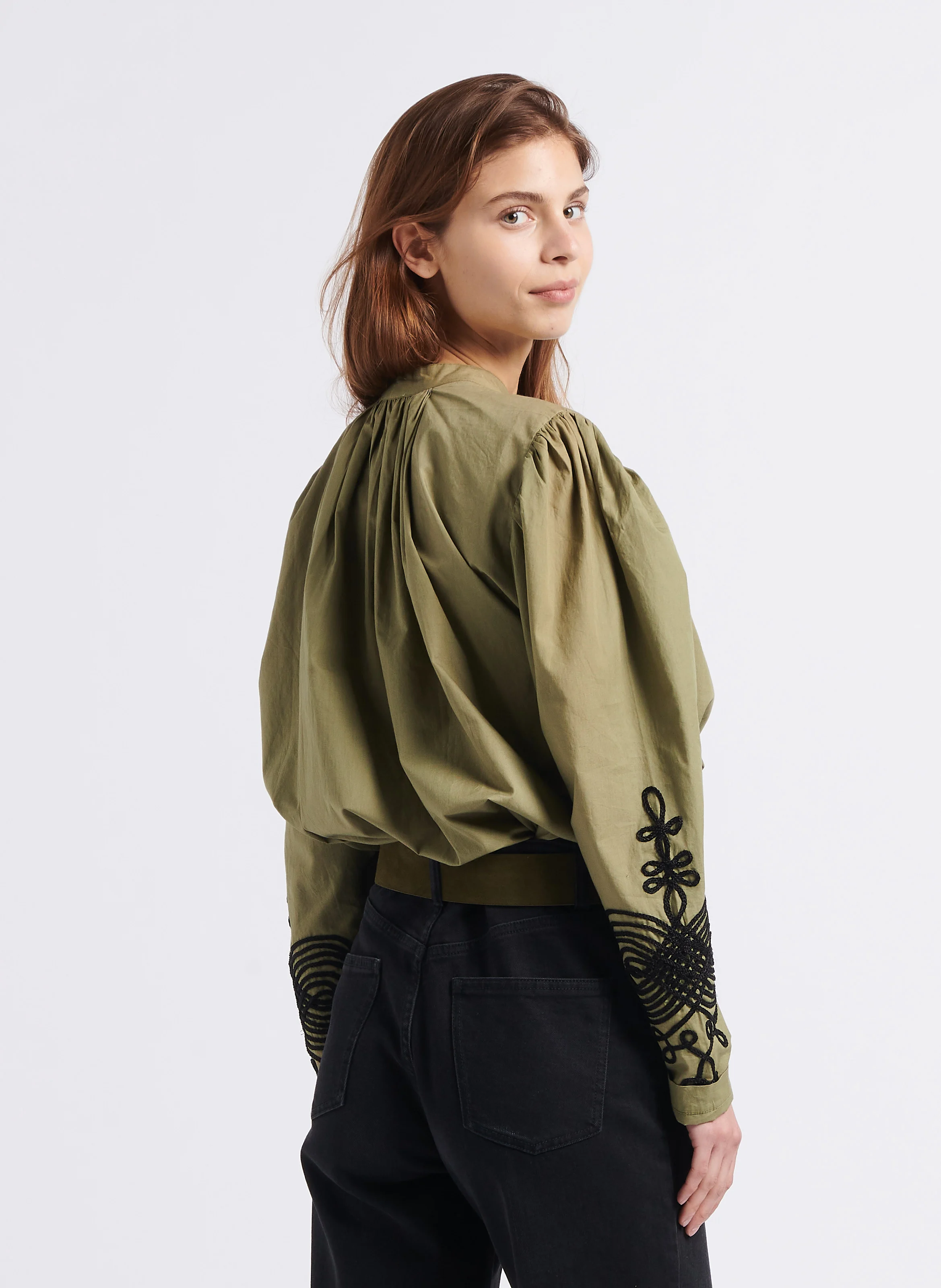 EGO - Blouse ample col rond brodée en coton| Kaki