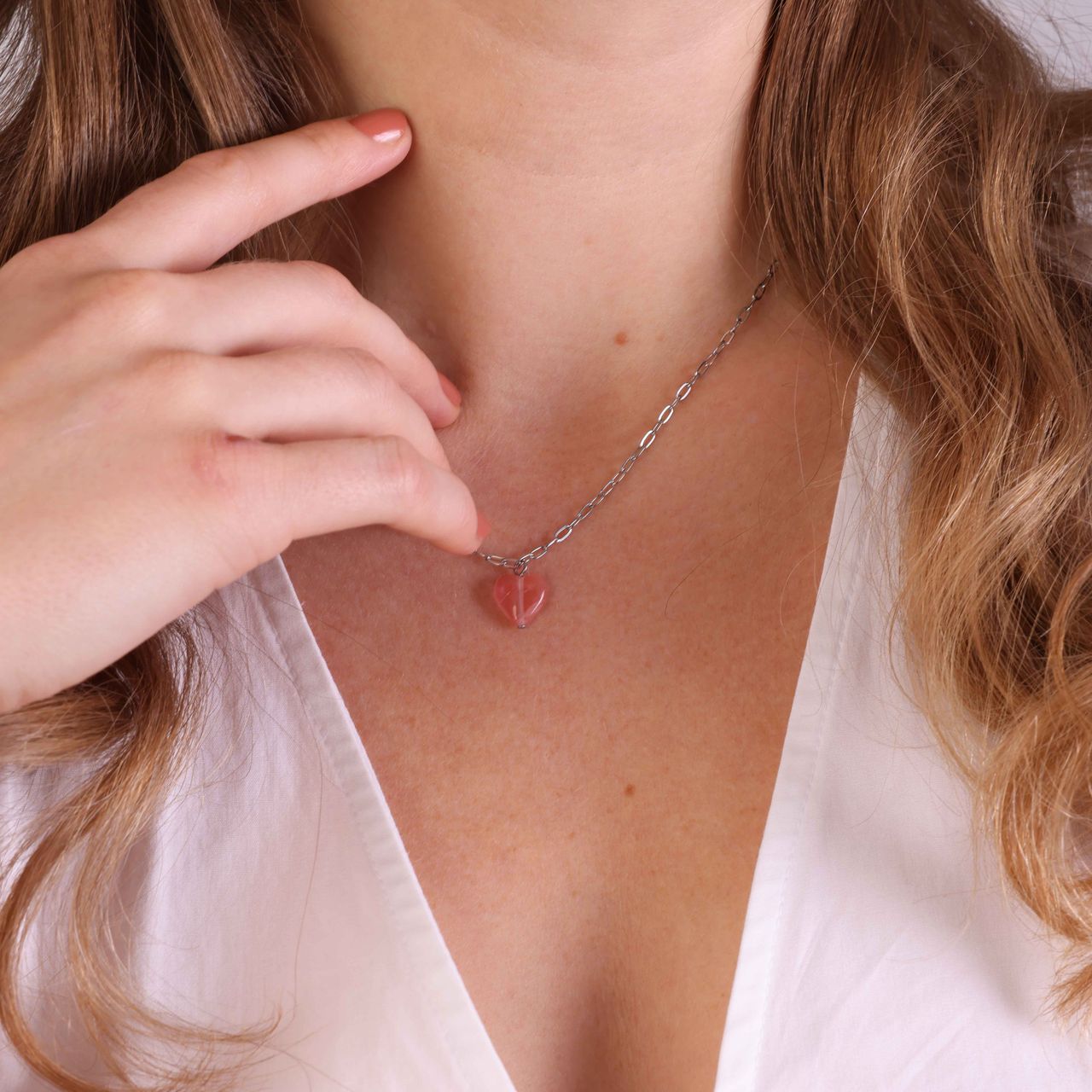 Stalen ketting met hart rhodoniet