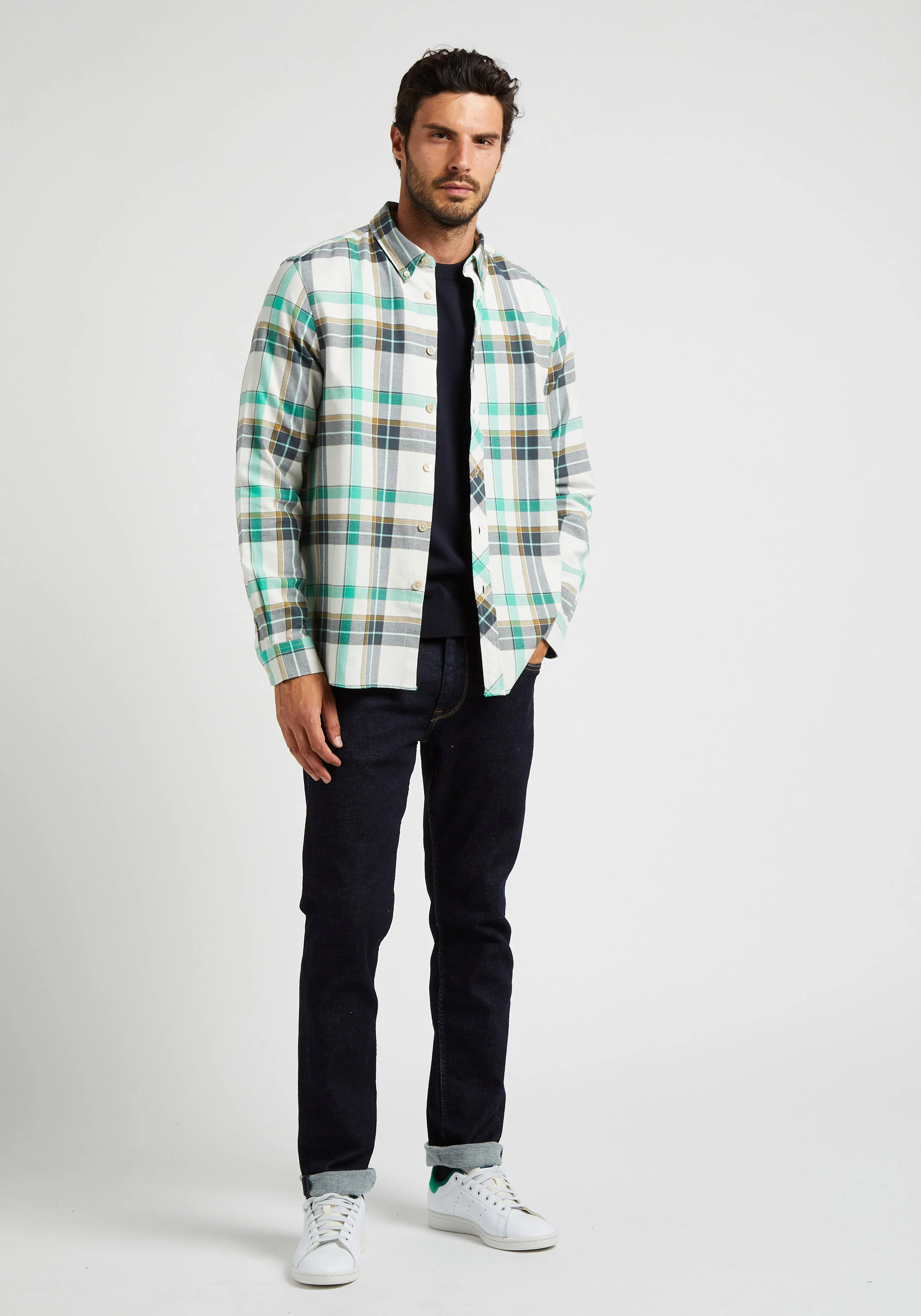 Chemise droite col italien en coton mélangé | Blanc