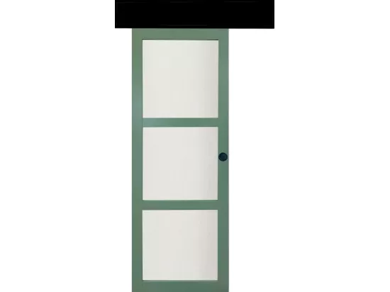 Porte Coulissante Vert Ral 6021 Vitrée H204 X L83 + Rail Alu Bandeau Noir Et 2 Coquilles Noir Gd Menuiseries