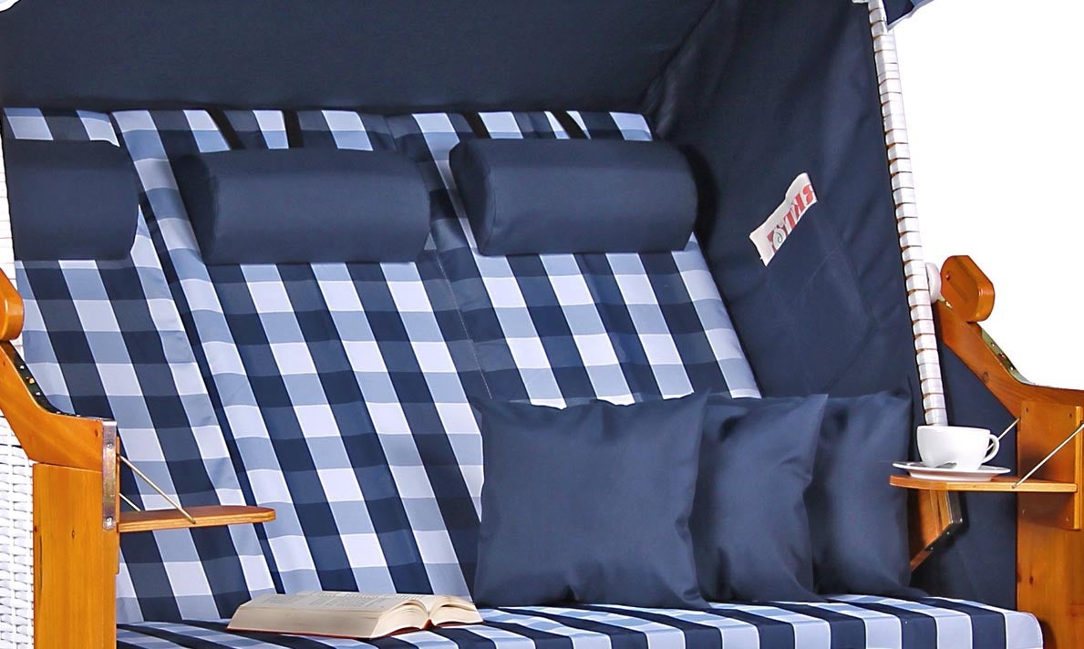 Baltische driezits strandstoel, PE wit met blauw geblokt dessin