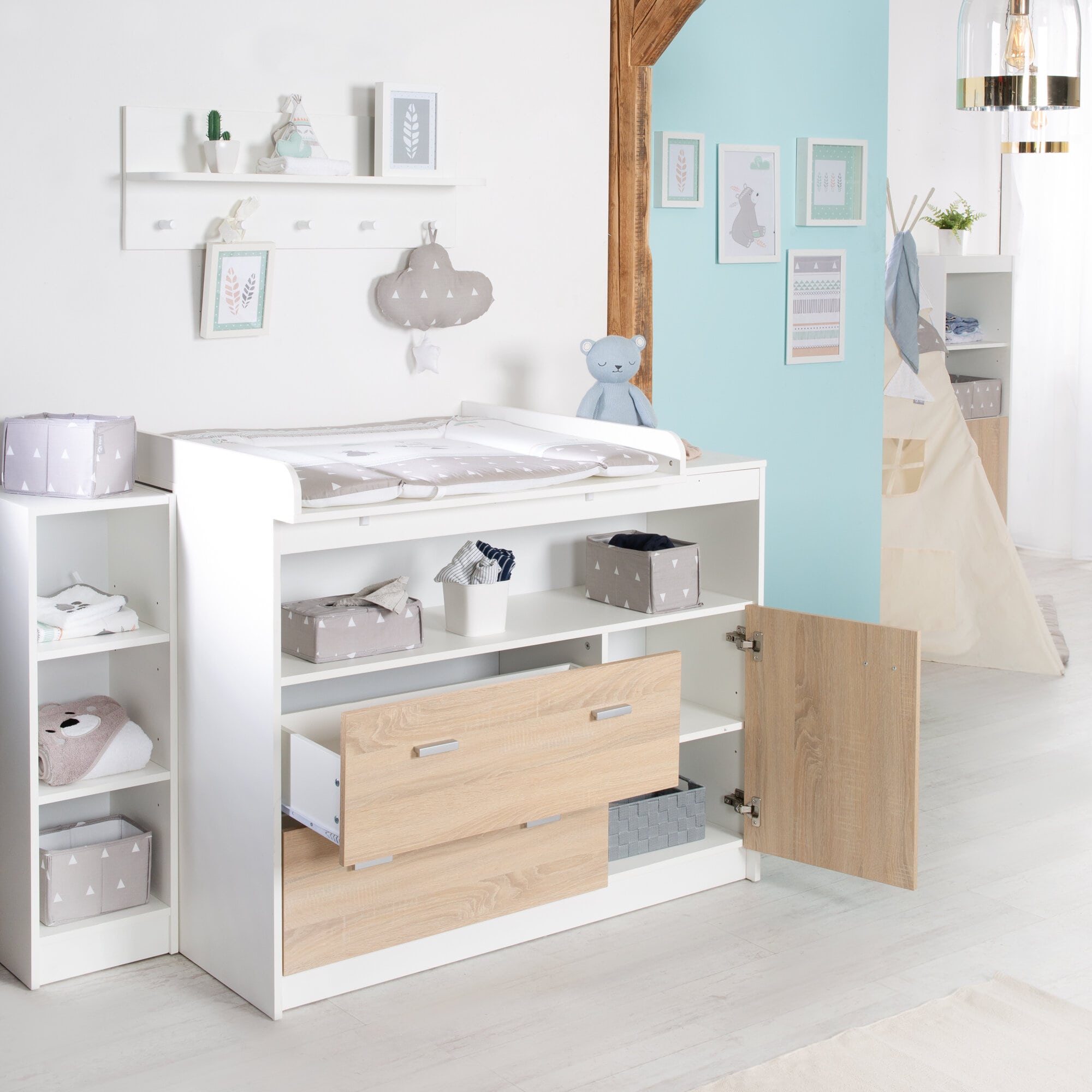 Wickelkommode 'Gabriella' mit Wickelansatz, 2 Schubladen, 1 Tür, 1 offenes Fach, Wickelhöhe: 90 cm