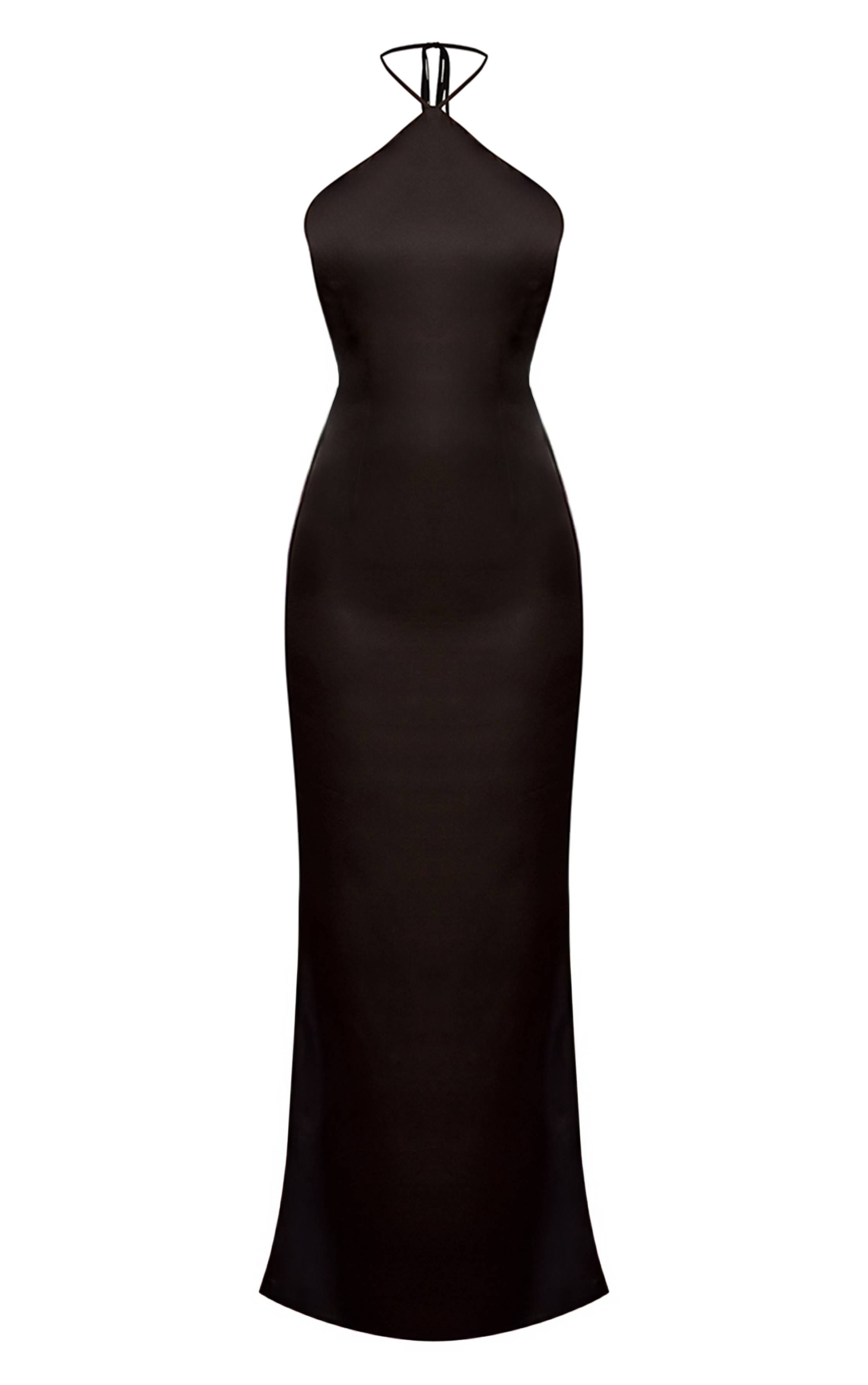 Noir Robe Longue En Satin Avec Dos Drapé Et Détails En Dentelle