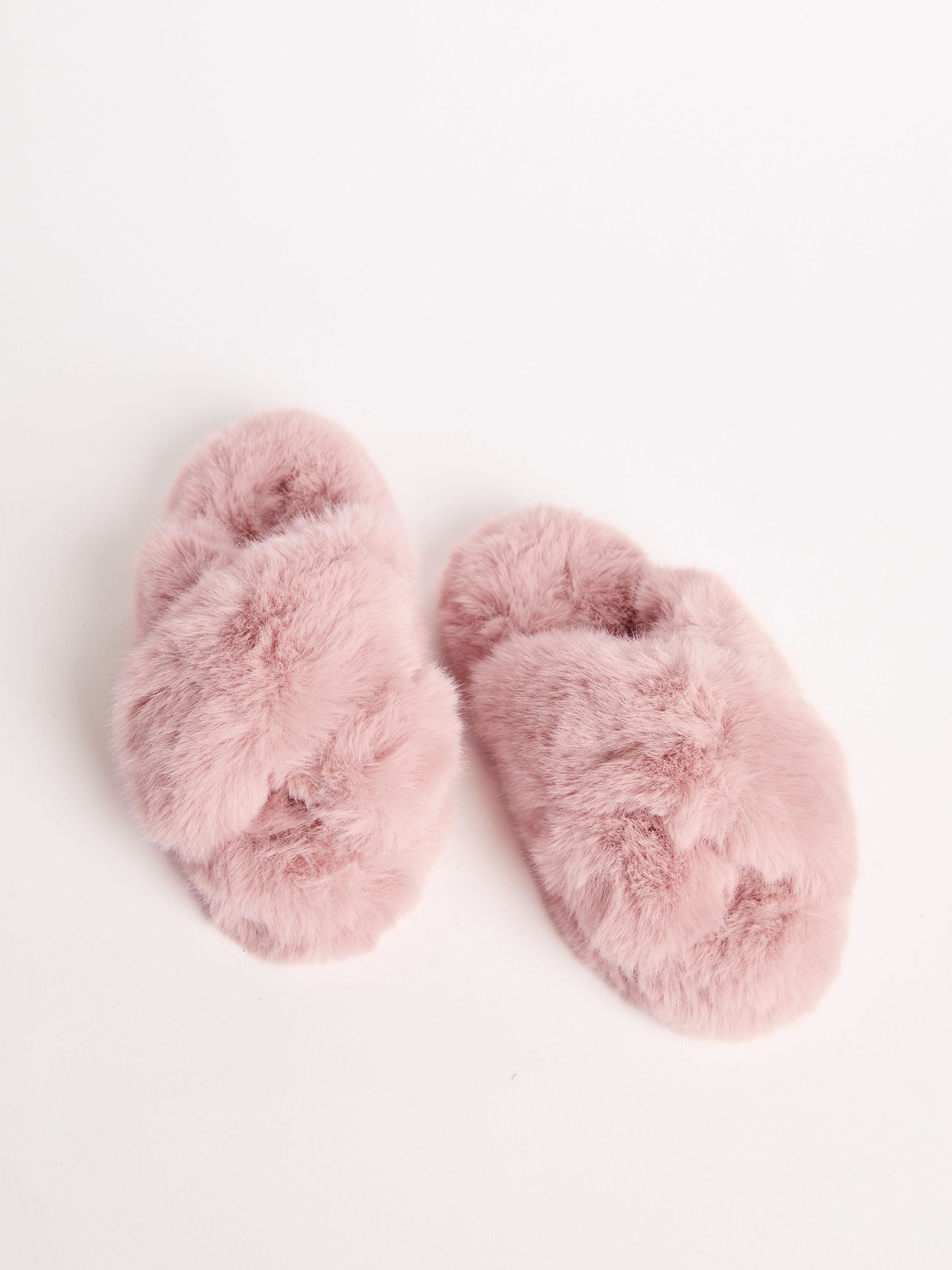Roze - Lipsy pantoffels van imitatiebont met gekruiste banden