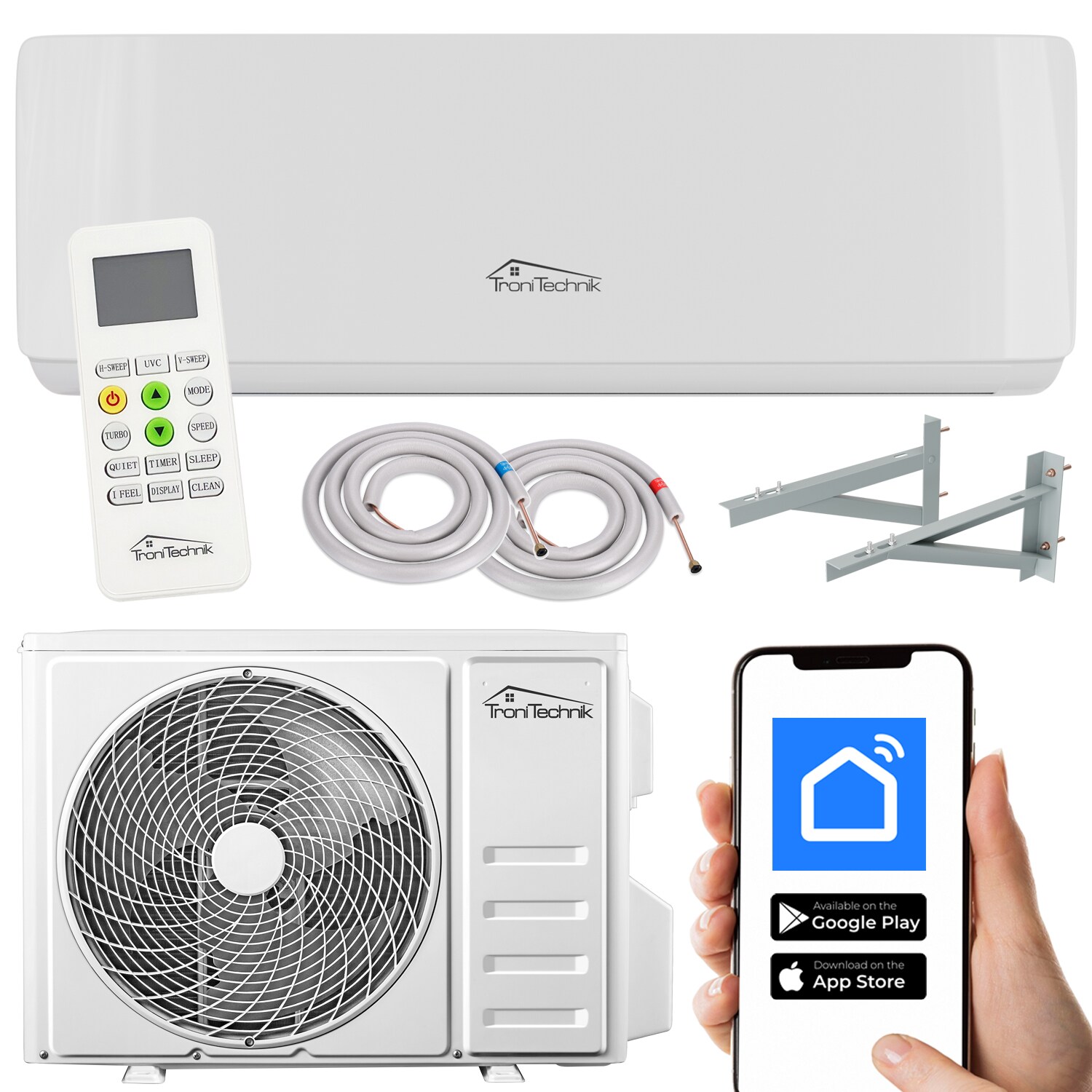 TroniTechnik® Split Klimaanlage REYKIR 9000 BTU Inverter Klimagerät, SMART, UVC Luftreinigung, 5m Leitung, Zubehör, Wandhalterung