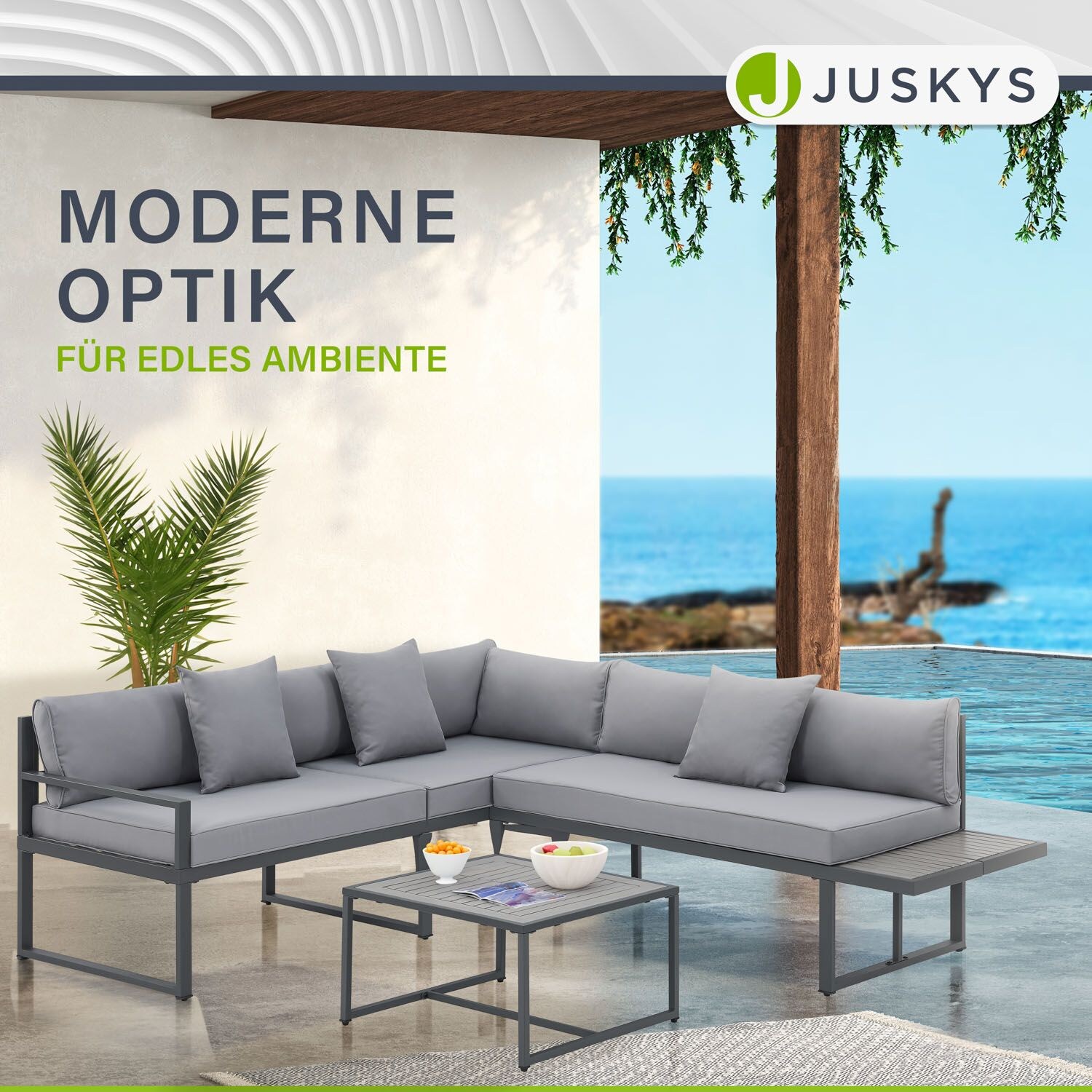 Juskys Gartenmöbel Lounge St. Tropez für 4 Personen - Set Tisch, Sofa & Kissen - Balkonmöbel Grau